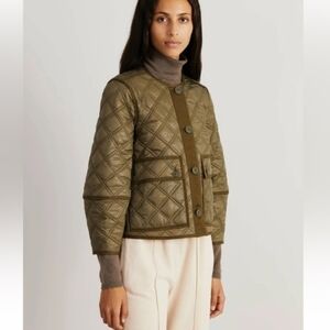Veronica Beard Marika Reversible Quilted Jacket Army Green/Tan Collarless Small